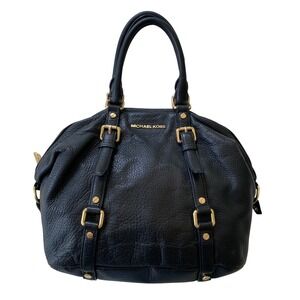 Michael Kors Satchel Handbag Black Pebbled Leather Gold Buckle Hardware Classic